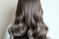 Back view of long wavy ash brown hair styled in soft Hollywood waves against white background, showcasing modern hair coloring technique and professional styling.