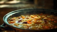 Homemade vegetable soup with beans, carrots, and herbs simmering in cast iron pot, perfect for winter comfort food recipes.