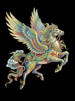 Ornate winged mythical horse with intricate decorative patterns in gold, blue, and multicolor details, isolated on transparent background. Ready for t-shirts, clipart, stickers, and print-on-demand designs.