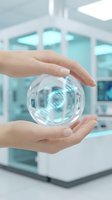 Two hands holding a glowing digital sphere with DNA helix inside, modern laboratory setting with blue-tinted equipment in background, representing biotechnology and scientific innovation.