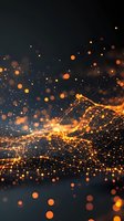 Glowing orange particles and light trails create dynamic motion against dark background, with floating bokeh effects and illuminated network connections.