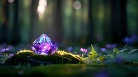 Glowing crystal gem on moss in enchanted forest setting with purple wildflowers and ferns, magical fantasy atmosphere created by soft bokeh lighting effects.