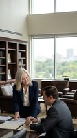 Mature woman with shoulder-length blonde hair and Caucasian ethnicity wearing navy blazer and cream blouse discusses business documents with middle-aged man of similar ethnicity in gray suit. Modern high-rise office setting with floor-to-ceiling windows overlooking cityscape, leather seating, and wooden bookcase. Professional corporate meeting environment.