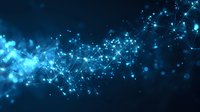 Abstract blue network of glowing dots and connecting lines against dark background, representing digital technology and data connections.