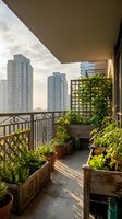 Urban balcony garden with lush green plants in wooden planters overlooking modern high-rise residential towers during golden hour, ideal for lifestyle and real estate content.