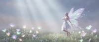 Ethereal fairy with translucent wings dancing in magical meadow with glowing flowers under soft sunbeams creating dreamy fantasy atmosphere for storytelling.