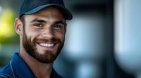 Smiling bearded Caucasian male worker in cap and uniform portrait at workplace. Professional service industry employee with friendly expression for business.