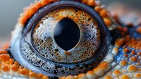 Close-up macro shot of reptile eye with detailed orange and brown iris patterns, textured scaly skin surrounding the dark pupil for wildlife photography.