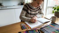 Young male with medium skin tone, wearing a patterned knit sweater, sketching in a notebook at a wooden table with colored pencils and art supplies in a bright kitchen setting.