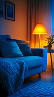 Cozy evening living room interior with blue sofa illuminated by warm orange table lamp light creating atmospheric mood. Decorative plant and throw blanket add comfort.