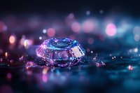 Sparkling crystal gem with pink and blue bokeh lights on dark reflective surface creates magical atmosphere for luxury and jewelry design concepts.