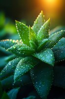 Fresh green aloe vera plant leaves covered in morning dew drops against dark background with golden sunlight, macro nature photography for wellness and skincare.