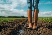 Brown leather boots and blue jeans standing in muddy field with puddle reflection. Rural farming lifestyle scene against green grass and blue sky background.