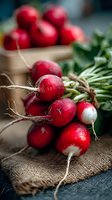 Fresh red radishes with green tops bundled together on rustic burlap, organic root vegetables harvested from garden, healthy eating and farm-to-table cooking.