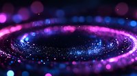Magical glowing particles swirl in circular motion with pink and blue bokeh lights against dark background, creating ethereal cosmic atmosphere.