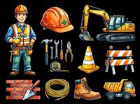 Cartoon construction worker with tools and equipment isolated on transparent background, ready for t-shirt design, clipart, stickers, print-on-demand products and sublimation projects.