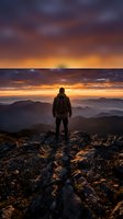 Hiker with backpack standing on rocky mountain summit at golden hour sunrise, overlooking misty valleys and distant peaks in warm atmospheric light.