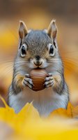 Close-up portrait of adorable red squirrel holding acorn against blurred autumn background with yellow leaves, showing detailed fur texture and expressive eyes.