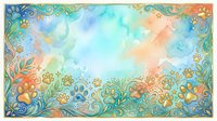 Ornate watercolor border frame with flourishing botanical elements, swirling vines, and decorative scrollwork in turquoise, gold, and coral tones surrounding a soft sky gradient center space for text or design overlay.