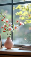 Delicate pink and white blossoms in coral ceramic vase on windowsill with books, soft natural daylight creating peaceful home atmosphere against blurred garden view.