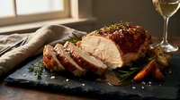 Sliced roasted meat with herb crust served on slate with roasted vegetables and wine glass, suitable for fine dining and food photography.