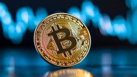 Golden cryptocurrency coin with bitcoin symbol on blue bokeh background with trading chart reflection, digital money concept for financial technology.