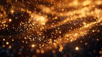 Magical golden bokeh lights floating in dark space with glowing particles and sparkles creating dreamy atmospheric background for festive designs.