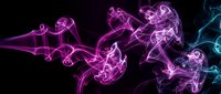 Vibrant purple and blue smoke swirls creating abstract flowing patterns on black background for modern digital art and creative design projects.