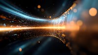 Glowing energy waves with blue and orange light trails creating dynamic motion effect against dark background with bokeh particles and sparkles.