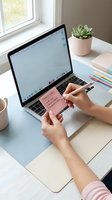 Woman hands holding pink sticky note with home goals text at modern workspace desk with laptop, succulent plant and colorful stationery for productivity planning.
