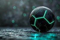 Mysterious black sphere with glowing turquoise geometric patterns and lightning cracks on dark textured surface with bokeh light effects in background.