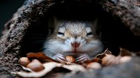 Close-up of a small rodent peeking from a hollow log, surrounded by scattered nuts and seeds, suitable for wildlife and nature content.