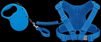 Blue pet harness and retractable leash set isolated on transparent background, ready for stickers, clipart, print on demand, and t-shirt design use.