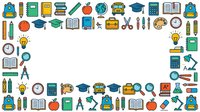 Back to school supplies and education icons set isolated on white background, including backpack, books, globe, graduation cap, calculator, compass, pencil, apple.