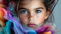 Young girl with striking blue eyes surrounded by vibrant colorful smoke in artistic portrait capturing innocence and wonder. Dreamy atmosphere with rainbow hues creates magical mood.