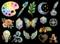 Watercolor clipart set with palette, butterfly, wings, moon, crystal, compass, flower and more, isolated on transparent background, ready for stickers, T-shirts, print on demand.