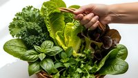 Fresh mixed salad greens and herbs held in hands on white background, featuring kale, lettuce, spinach and basil leaves for healthy eating and cooking.