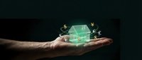 Male hands holding glowing green house model with floating currency symbols representing real estate investment and financial growth concept.
