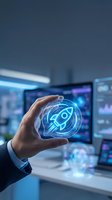 Businessman holding glowing neon rocket icon in hand with blurred tech office background, representing startup launch, innovation, and digital business growth strategy.