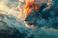 Majestic lion head emerging from dramatic sunset clouds over mountain landscape, glowing mane illuminated against turquoise sky, artistic fantasy composition.