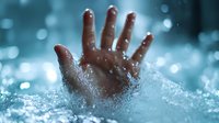 Hand reaching up through turbulent water surface with dramatic splashing and bokeh light effects, creating powerful drowning concept for safety awareness.