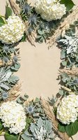 Floral frame with white hydrangeas, eucalyptus, blue thistle, and dried grass on beige background with copy space for text.