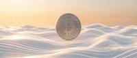 Bitcoin cryptocurrency coin floating above flowing white silk waves with golden sunset lighting creating elegant financial technology concept.