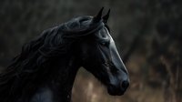 Majestic black horse with flowing mane in profile against blurred natural background, suitable for equestrian, wildlife and nature design projects.