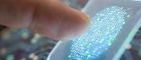 Finger touching digital fingerprint scan on glowing screen for biometric security, authentication, and identity verification technology.