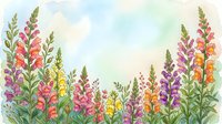 Watercolor snapdragon flowers in pink, purple, yellow and orange frame a soft pastel sky background, creating a charming floral border.