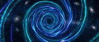 Cosmic spiral galaxy with glowing blue and turquoise energy streams swirling through deep space with bright stars for astronomy and science concepts.