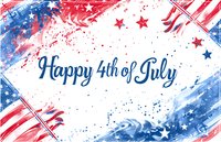 Festive watercolor greeting card design featuring red and blue splashes with stars and stripes framing Happy 4th of July text on white background. Patriotic holiday celebration artwork.