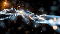 Flowing water splash with golden bokeh lights on dark background creates dynamic motion effect with droplets and liquid waves in macro photography.