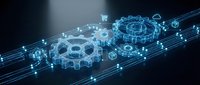 Digital holographic gears and mechanical components floating above circuit board pathways with glowing blue connections for technology presentations.